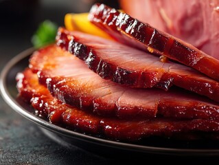 Close-up of glazed sliced ham with caramelized crust – great for holiday dinner promotions, meat product packaging visuals, or traditional food content highlighting festive meals