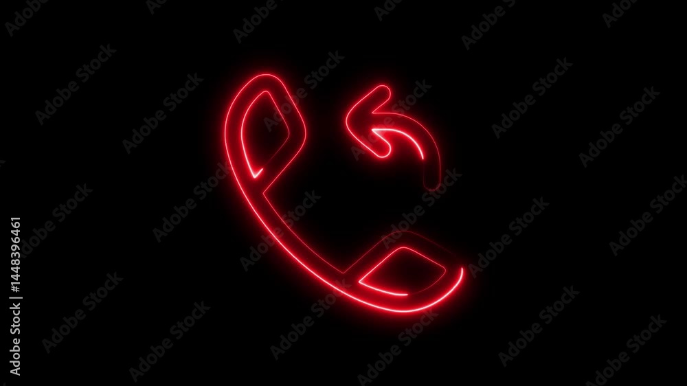 Poster glowing red neon phone call icon with return arrow on a black background