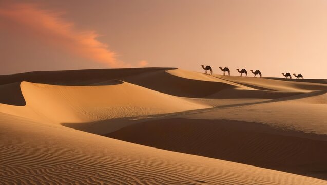 Golden desert with caravan at dusk