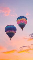 Fototapeta premium Two colorful hot air balloons float against a vibrant sunset sky.