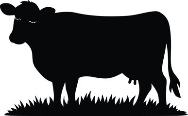Grazing Cow Silhouette in Pasture Design, Farm Cow Graphic for Agriculture Concepts