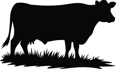 Cow Silhouette Eating Grass in Field Scene, Black Cow Outline for Farming and Dairy Design