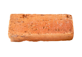 Side view of single old red or orange brick in horizon isolated on white background with clipping path