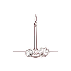 Single candle illustration, minimalist line art, brown, for meditation, wellness