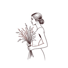 Woman holding flowers, line art illustration, brown tones, for wedding stationery