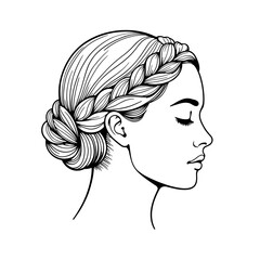 Woman's profile, braided hair, black and white illustration, for beauty salons