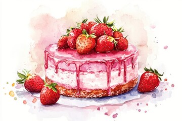 A watercolor painting of a delicious strawberry cake with dripping glaze.