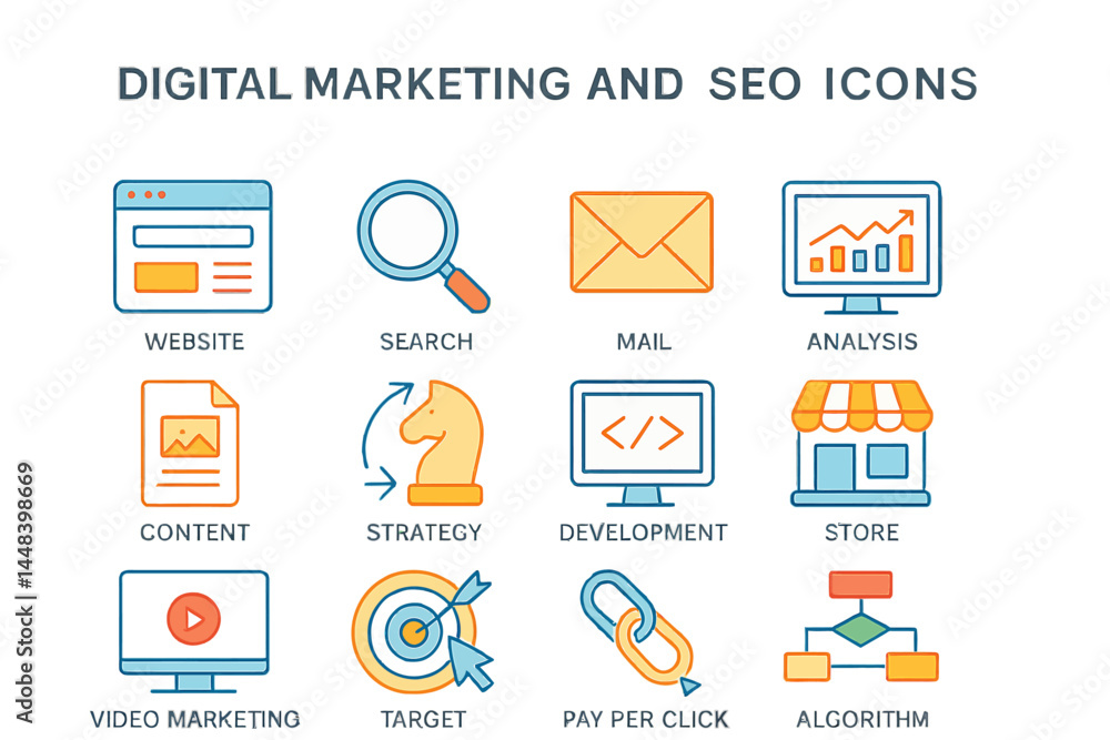 Aufkleber digital marketing and search engine optimization are represented by a range of line icons, including