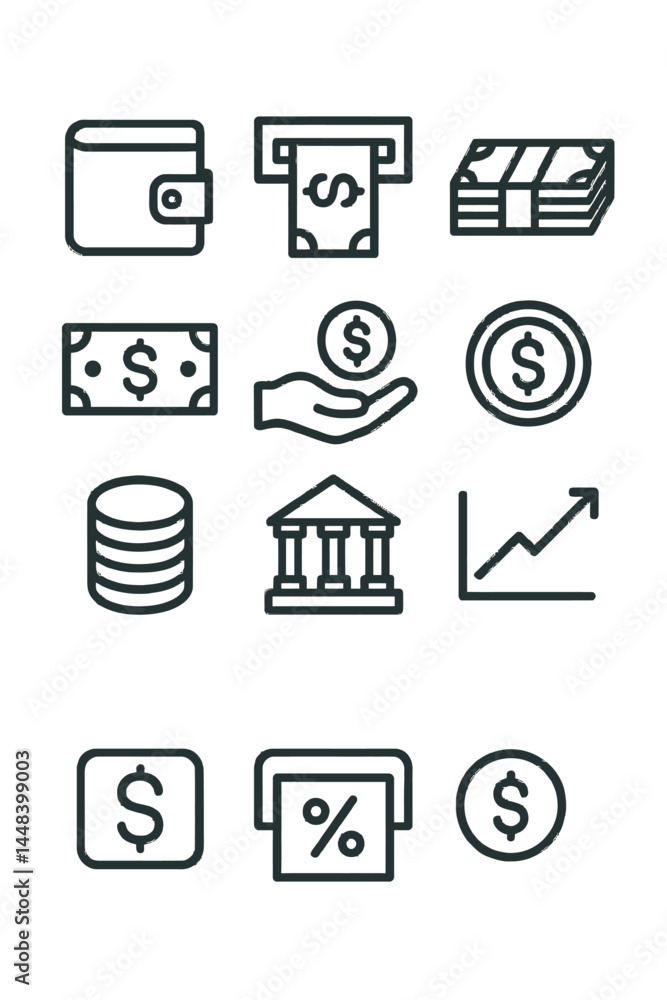 Poster the provided icon set consists of simple vector line icons representing money-related concepts, incl