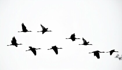 Crane Migration Silhouetted Birds Against a White Sky