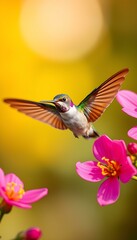 Naklejka premium Hummingbird Hovering Beside Bright Pink Flowers in Morning Light