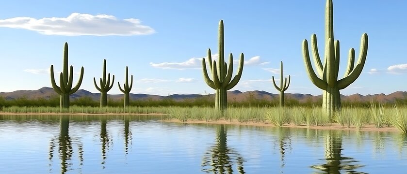 dream desert with reflective liquid sky and giant cacti
