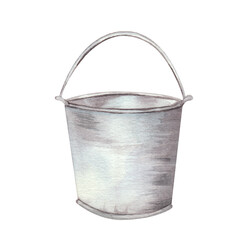 Metal water bucket. Empty. Hand-painted watercolor illustration, isolated on white background. A water container for watering plants and taking care of the garden. © Oksana