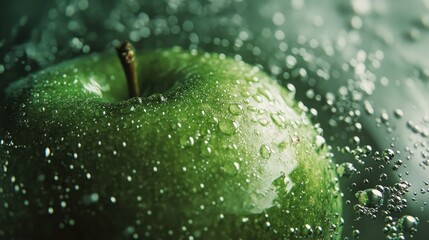 Fresh green apple submerged in water with bubbles