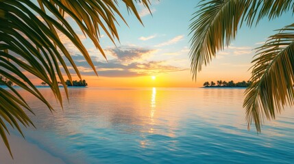 Fototapeta premium Tropical sunset over calm ocean. Palm leaves frame the scene