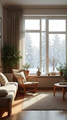 Cozy Scandinavian Living Room Interior with Snowfall View and Minimalist Decor