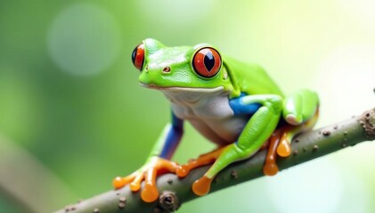 Obraz premium Green tree frog perched on white, vibrant skin, wildlife, frog