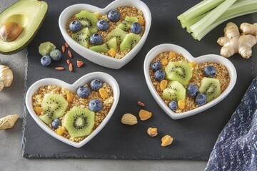 Heart-shaped bowls filled with quinoa, kiwi, blueberries, and dried fruit, arranged with fresh produce on a dark slate surface. A healthy and vibrant breakfast or snack
