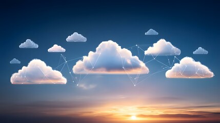 filled with colorful cloud icons linked by glowing fiber lines