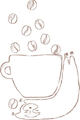 Sketch of sloth and cup of coffee with coffee beans