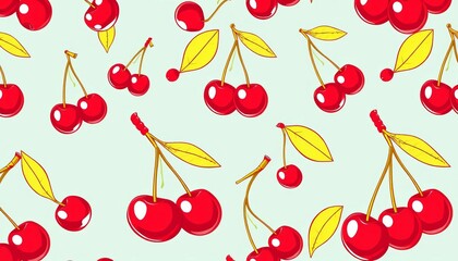 Seamless pattern of red cherry berries in a linear style, perfect for textile or wrapping paper,  healthy,  berries