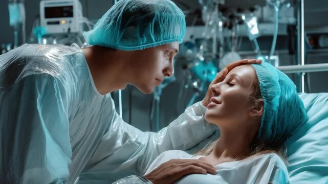 Comfort and Care: A touching moment unfolds in a hospital room as a healthcare worker offers gentle support to a patient, radiating empathy and compassion in a sterile environment.