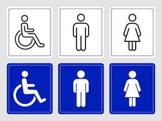 Accessible Restroom Signs. Set of accessibility and restroom signage icons in black and blue, including wheelchair, male, and female symbols