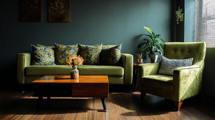 Cozy living room with green accents and natural light in a serene setting