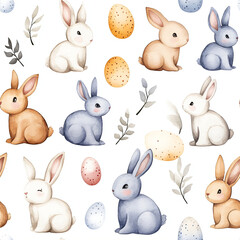 Hand-Drawn Watercolor Cartoon Easter Seamless Pattern on White Background