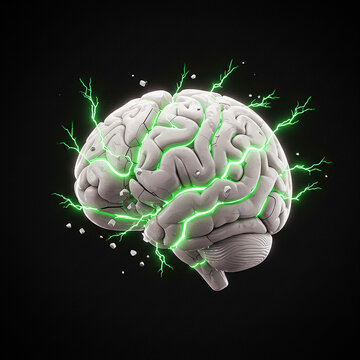 Human brain exploding with green energy on black background