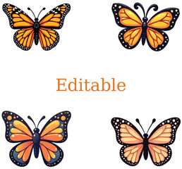 stylized butterflies grid illustration. customizable butterfly design with vibrant colors. editable butterfly digital art on white background.
