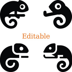 minimalist vector chameleon icons in black and white. clean modern design featuring stylized chameleons. bold and simple chameleon illustrations with a warm orange text.