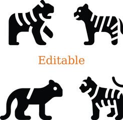 minimalist tiger design in 2x2 grid with bold stripes. four unique tiger icons in a simple layout for versatility. modern black tiger illustrations with different poses and stripe patterns.