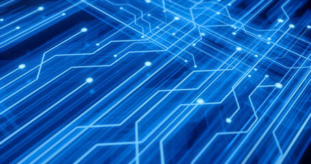 Blue abstract technology background with network connections and digital elements, representing modern tech infrastructure and data flow. 3D render