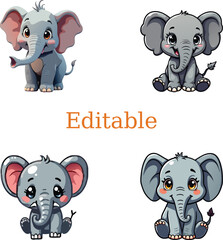 playful cartoon elephants. cute gray elephants with big ears. customizable digital elephant design.