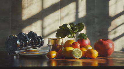 Still life featuring dumbbells, a succulent, lemons, oranges, apples, and golden cups on a table.