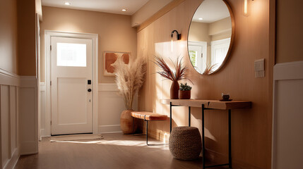 Elegant hallway with natural light and stylish decor elements during the afternoon