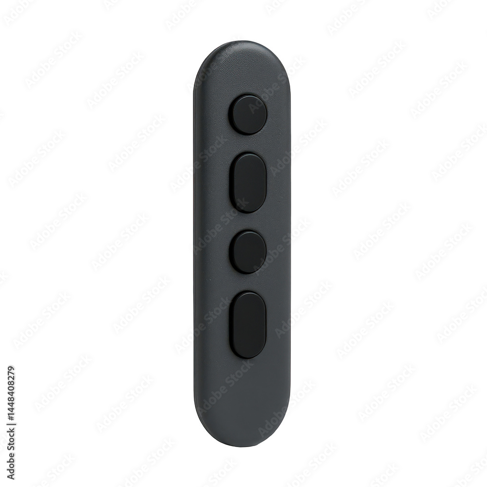 Poster sleek dark grey wireless remote control unit with four black buttons, designed for simple tactile in