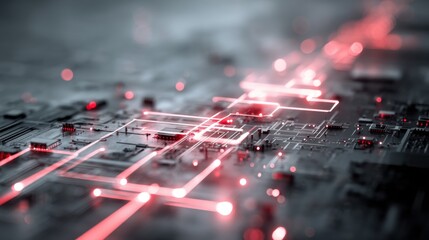 Close-up of a circuit board with glowing red pathways