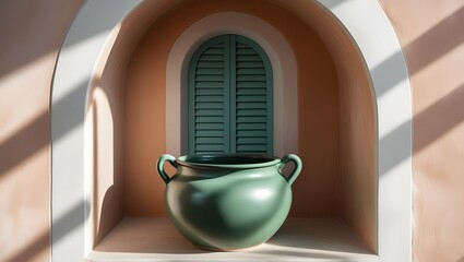 Still life of a green pot with handles in a niche against a window with closed green shutters