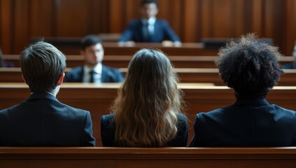 Courtroom Attendees: A Rear View of Three Individuals Observing a Legal Proceeding