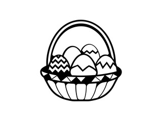 Elegant Easter Egg Basket Vector – Intricate Black and White Line Art Illustration for Religious Holiday, Spring Decor, and Seasonal Design Projects.