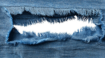 Large hole in worn blue denim fabric with frayed edges