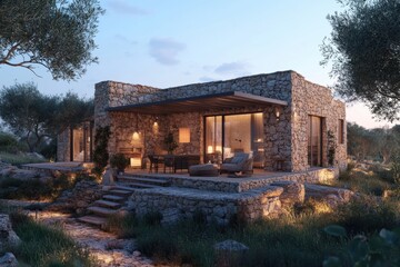 exterior design of an old stone house in mallorca, traditional mediterranean style with modern furniture and lighting, garden terrace