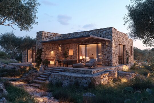 exterior design of an old stone house in mallorca, traditional mediterranean style with modern furniture and lighting, garden terrace