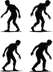 Zombie Silhouette Set &ndash; Walking with Outstretched Arms in Ragged Clothing, Black Vector on White Background