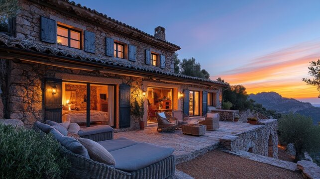 exterior design of an old stone house in mallorca, traditional mediterranean style with modern furniture and lighting, garden terrace