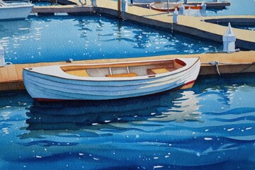 Watercolor painting of a rowboat on reflective water at a tranquil marina