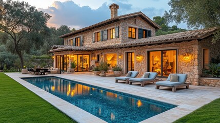 exterior design of an old stone house in mallorca, traditional mediterranean style with modern furniture and lighting, garden terrace