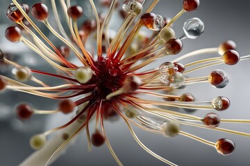 A macro photography piece capturing the intricate beauty of a glass sculpture resembling a blooming flower, showcasing vivid reds, browns and a delicate, almost translucent, texture.